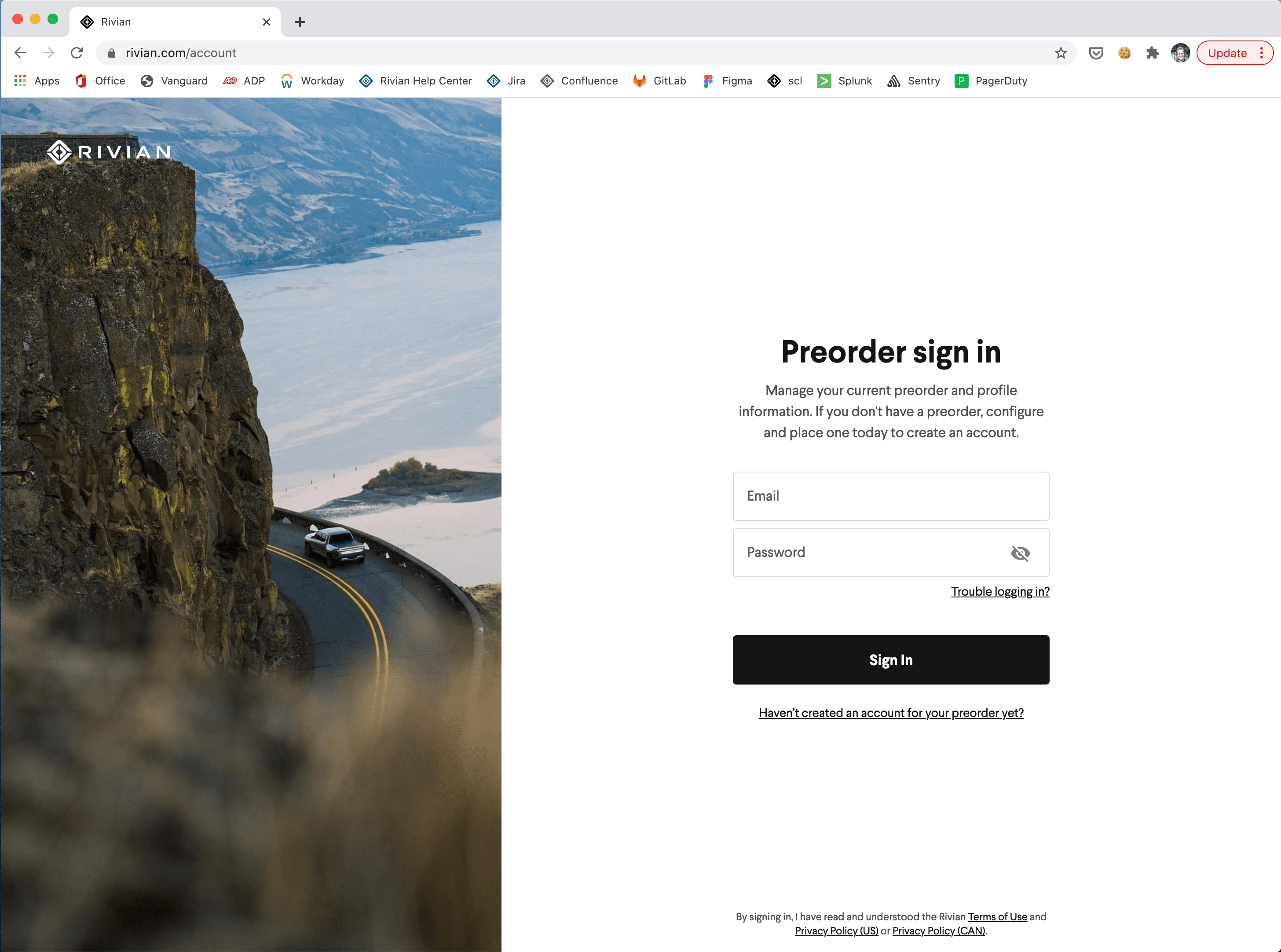 Rivian preorder sign-in portal
