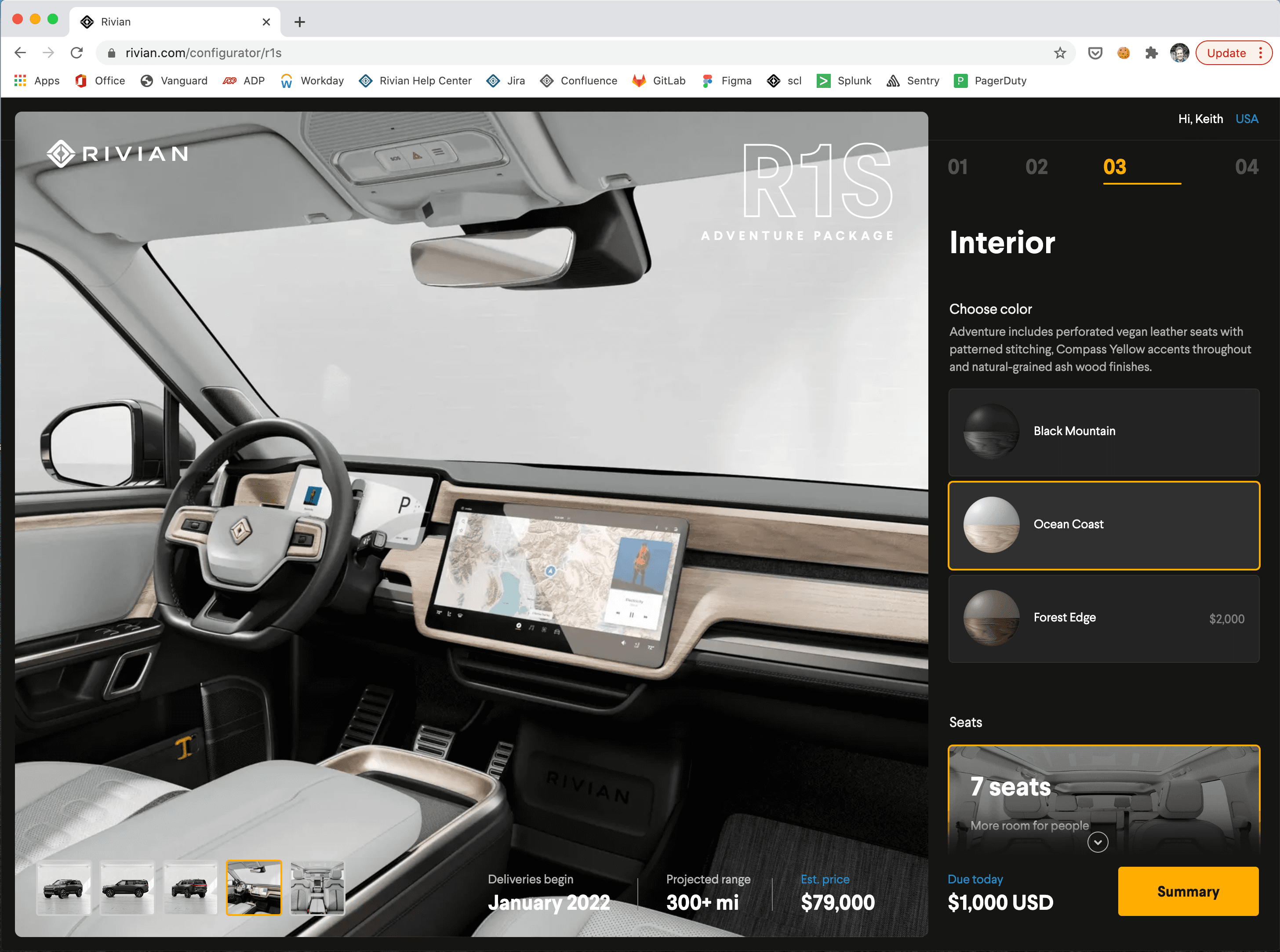 Rivian R1S configurator — interior color and seat selection