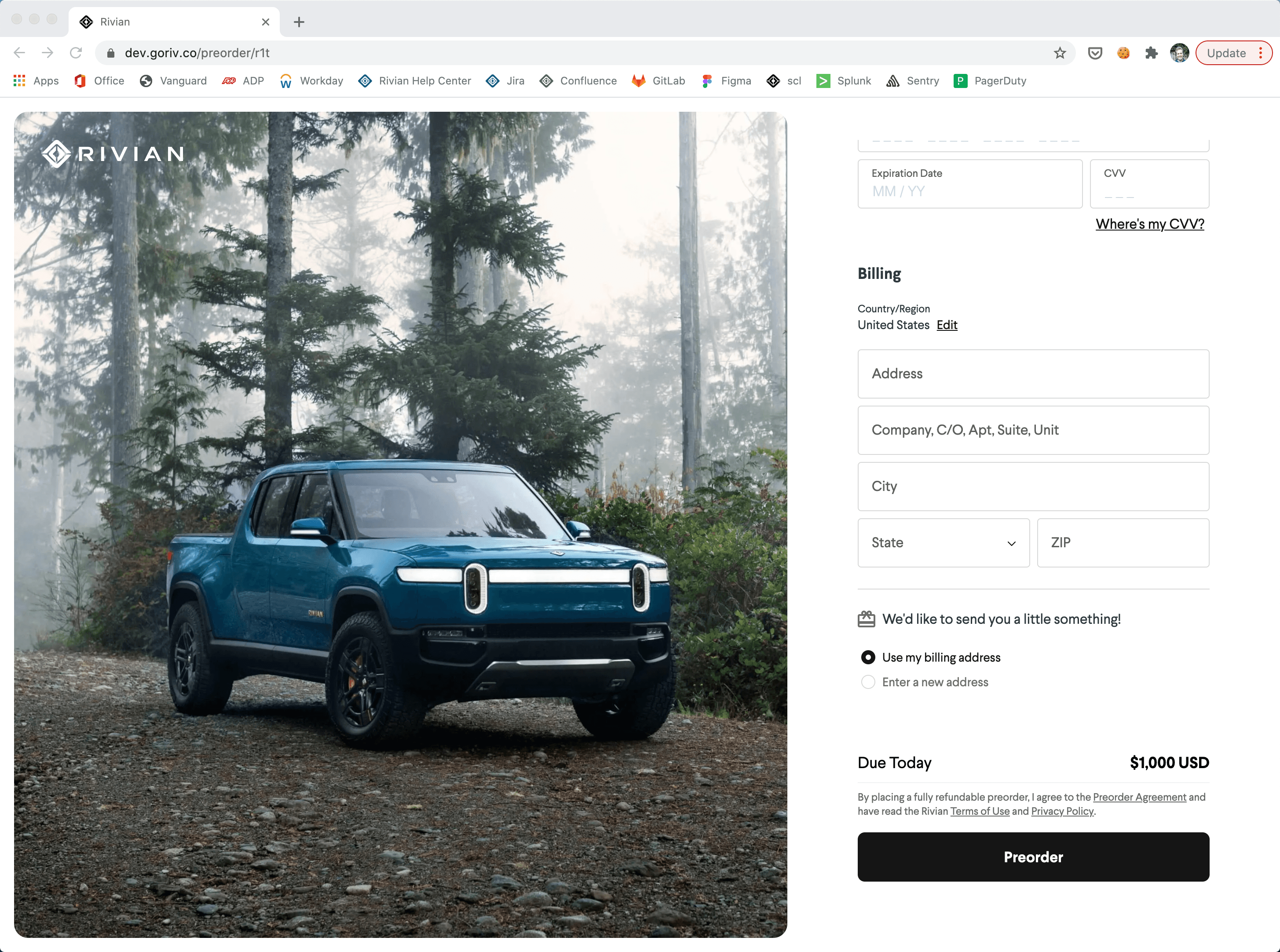 Rivian R1T preorder checkout — billing and payment